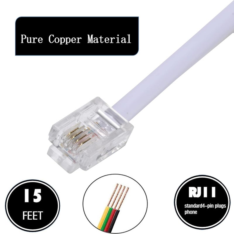 Ubramac 15 Feet Long Telephone Extension Cord Phone Cable Line Wire, with Standard RJ11 Plug and 1 in-Line Couplers and 15 Cable Clip Holders-White - Image 3